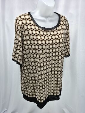 Anne Klein Geometric Print Knit Tunic Top Black Tan 1X Office Wear Casual Retro